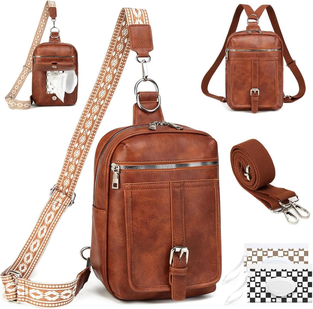 Sling Bag Crossbody Backpack - 2 in 1 Leather Cross Body Bag Fanny Pack with 2 Removable Straps (Big Brown)