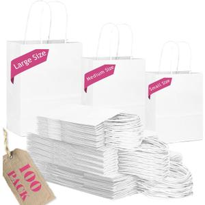 qiqee 100-Packs White Paper Gift Bags with Handles Assorted Sizes(33pcs Large 13", 33pcs Medium 11", 34pcs Small 8")