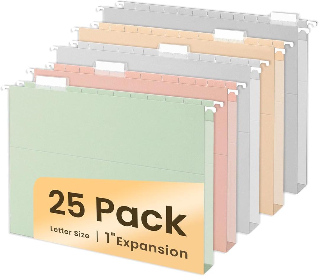 SUNEE Hanging File Folders Letter Size, Pastel Colors, 25 Count Letter Size File Folders with 1/5-cut Tabs, Heavy Duty 1 Inch Expansion, Stay Organized for Your Home and Office Bulk File