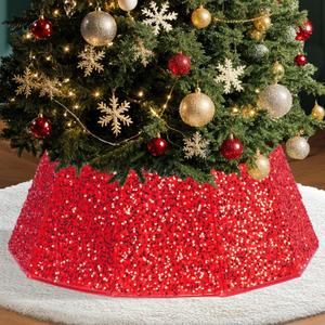 29 inch Decagonal Shape Christmas Tree Skirt - Sparkling Glitter Fabric, Foldable Design for Easy Setup & Storage for Christmas and Halloween Decoration Trees with a Height of Less Than 9 FT (Red)