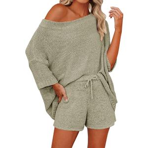Mafulus Women's 2 Piece Outfits Sweater Sets Off Shoulder Knit Top Shorts Matching Suits Cute Pajama Lounge Set (Large, Green)