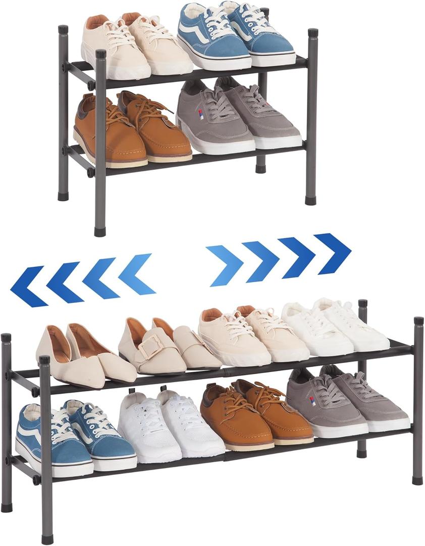 STORAGE MANIAC Expandable Shoe Rack, 8 Pairs Stackable Small Shoe Rack, Metal Adjustable Shoes Organizer for Closet, Entryway, Hallway, Garage, Front Door, Shoes Shelves, Black 