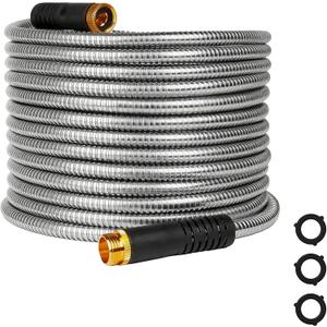 HERZO 50FT Metal Garden Hose, Ultra Flexible Stainless Steel Water Hose, Non-Kinking, Leak-Resistant Design with Solid Brass Connectors