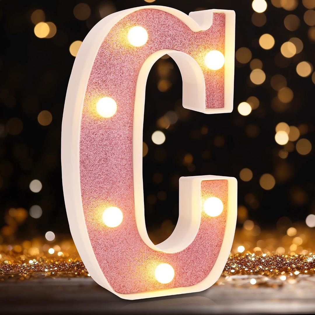 Small Led Marquee Letters, Light Up Letters, 8.58 Inch Led Letter Lights, Battery Powered Lighted Sign for Table, Party, Birthday, Christmas Decor (Pink Glitter, Letter C)