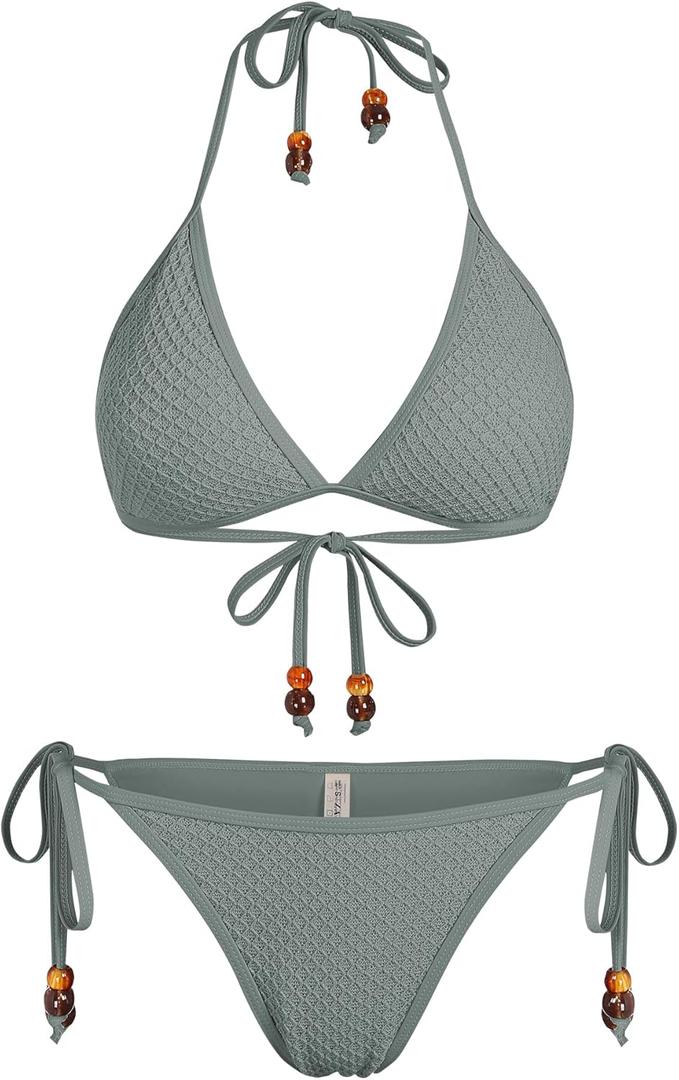 ZAFUL Women Bikini Set Two Piece Textured Beaded Tie Back Halter Cheeky Swimsuit Bathing Suit (Small, 0467-lightgreen)