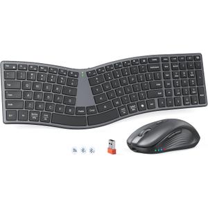 MEETION Ergonomic Keyboard and Mouse Wireless, Split S-Curve Design, 2.4G Wireless & Dual Bluetooth, Slim Low-Profile Rechargeable Full Size Keyboard, 4 DPI Mouse for Windows Mac PC Laptop Computer, Q