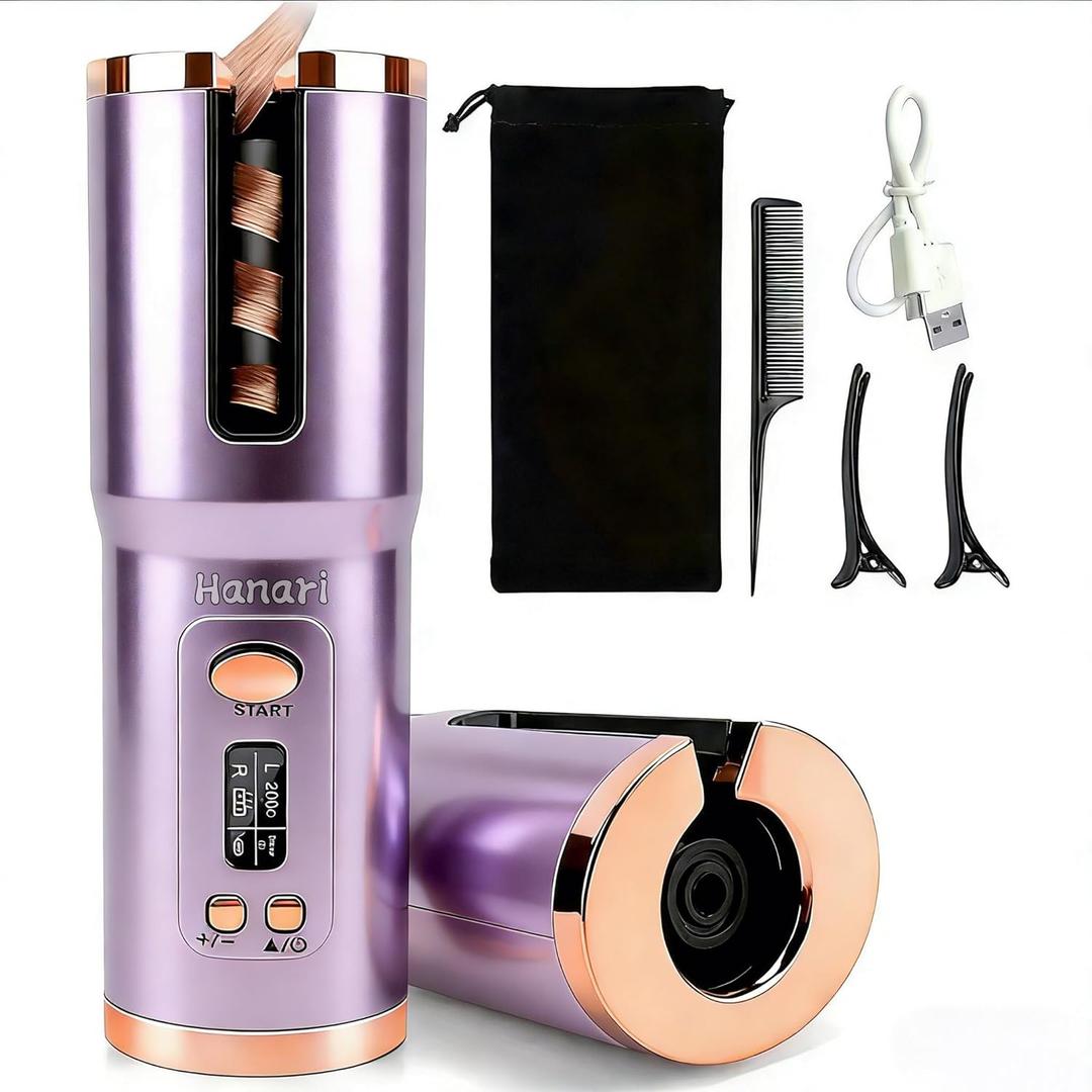 Cordless Automatic Curling Iron, 6 Temp Settings, All Hair Types, 6500mAh Max Battery, Type-C Fast Charge, Ceramic Ionic Hair Curler for Travel & Outdoor Use, Anti-Scald Auto Shut Off(150-200 ℃) Purple