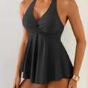 Halter Women's Tankini Swimsuits Tummy Control Two Piece Swim Dress Bathing Suits Flowy Swim Top with Short (Black, XL)