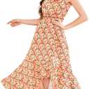 Aupuls Womens High Low Floral Maxi Dress V Neck Spring Ruffle Beach Summer Wedding Guest Dress