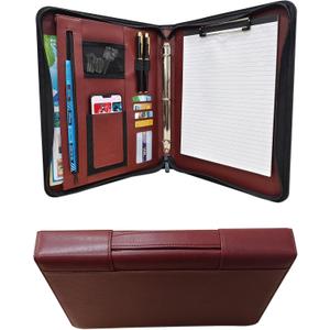 Faux Leather 3 Ring Portfolio Binder With Handle, Business Padfolio for Men & Women, Zippered Document Organizer for Home & Office Use, Including Clipboard, Notepad and Sheet Protectors (Brown)