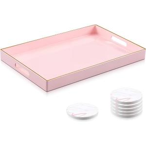 Pink Serving Tray and Coaster Set Contains 1 Pink Rectangular Tray with Handles-15.7 x 10.2 Inch, and 6 Marble Style Coasters, Morden Decorative Platter for Bathroom, Ottoman, Home Decor