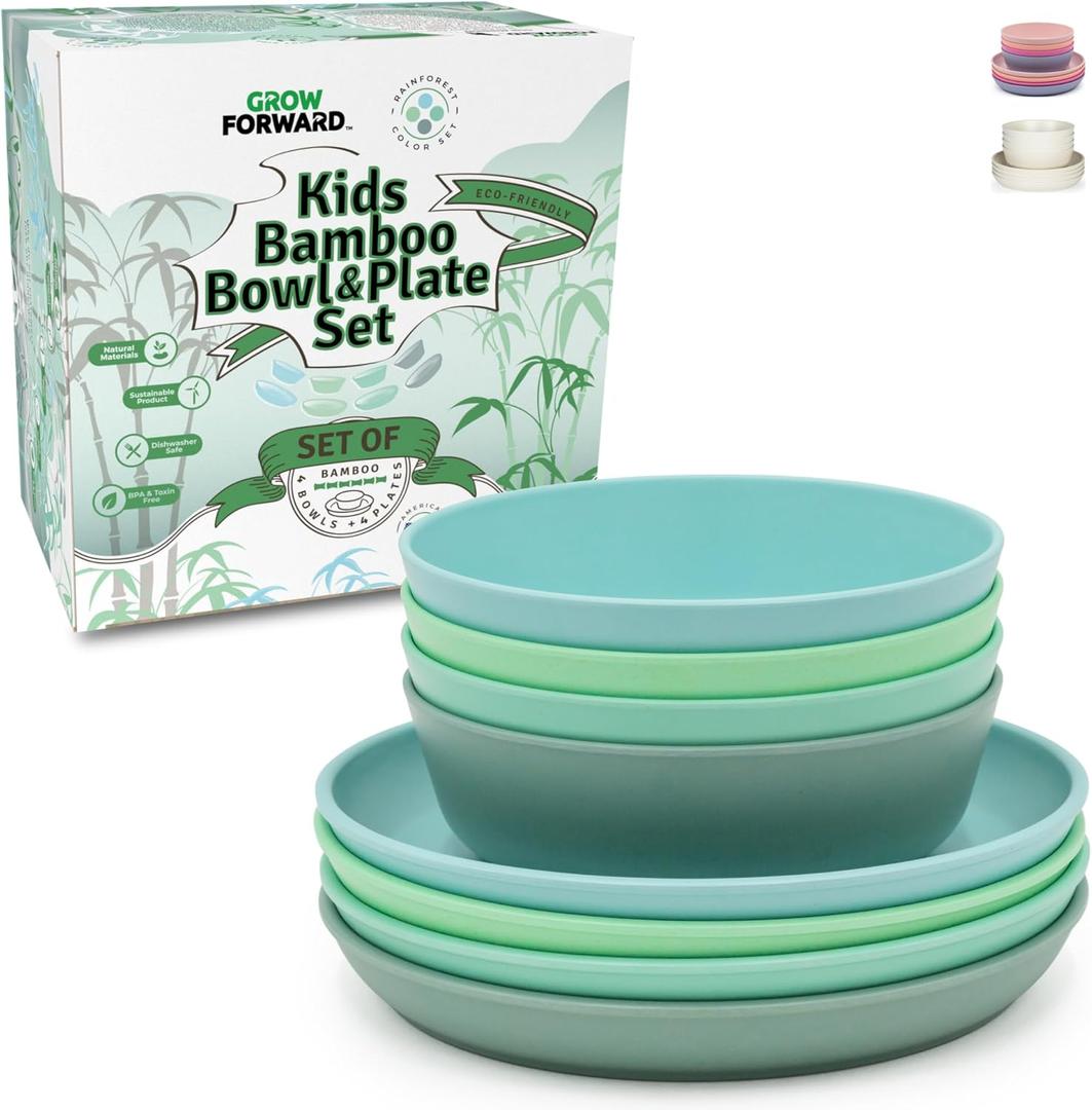 Grow Forward Bamboo Kids Plates and Bowls Sets - 8-Piece Dishwasher Safe Non Toxic Plates for Kids - Reusable Eco Friendly BPA Free Dishes Dinnerware Sets for Children - Rainforest (Rainforest)