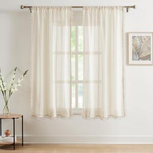 Beige Boho Lace Sheer Window Curtain Panels with Classic Tassels 72 Inches Long,Natural Geo Embroidery Pattern Living Room Drapes,Farmhouse Rod Pocket Bedroom Window Treatment,40" Wx72 Lx2