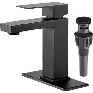 Bathroom Faucet Matte Black, Modern Single Handle Bathroom Faucets for 1 or 3 Hole Bathroom Sink Faucet Mixer Tap Washbasin Faucet with Deck, Pop-up Drain and Supply Hoses