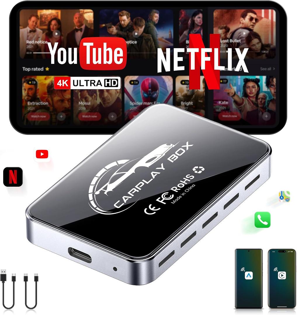 AI Box CarPlay, 3-in-1 Wireless CarPlay Adapter & Android Auto for OEM Wired Cars, Built-in Netflix/YouTube for Streaming, 5.8GHz WiFi, Convert Wired to Wireless, Plug & Play 4GB RAM+32GB ROM