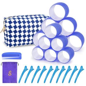 Hair Roller Set 12 pcs Heatless Self Grip Rollers With Clips and Comb, Salon Curlers for DIY Styles, 2 Navy blue Sizes in 1 Set by Sungenol