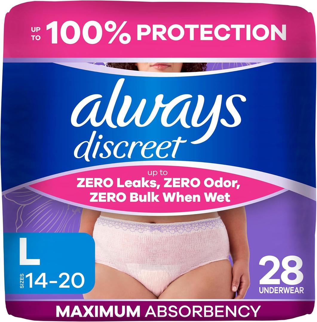 Always Discreet Adult Diapers for Women, Incontinence Underwear, Postpartum Essentials, Disposable Briefs, Max Absorbency, Bladder Leak Protection, Large, 28ct 