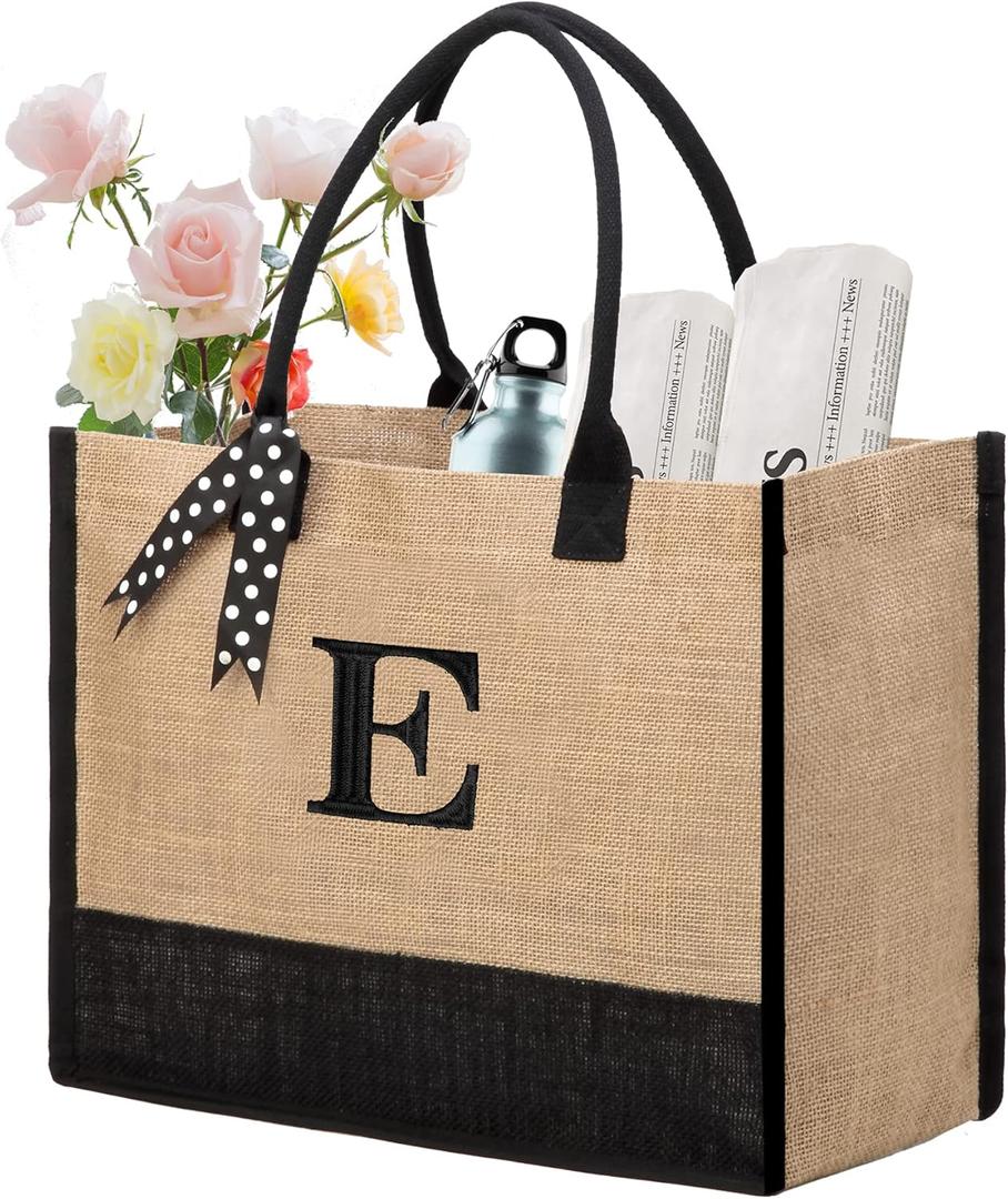 BeeGreen Women Beach Tote Bag with Handles Jute Bag Birthday Gifts Bag for Friends Mother Large Initial Tote Bag for Bridal Shower Unique Bridesmaid Gifts E