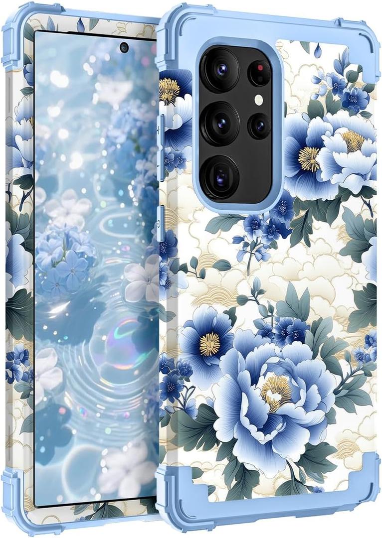 PIXIU Unique Flower Pattern Compatible with Samsung Galaxy S25 Ultra 5G case,Heavy Duty Dual Layer Shockproof Full-Body Protective Sturdy Hybrid Cute Rugged Case for Women,Girls,Kids-Blue Peony