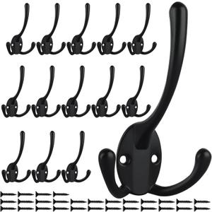 IBosins 14 Pack Big Heavy Duty Triple Coat Hooks Wall Mounted with 28 Screws, Black Retro Three Prongs Wall Hooks Utility Rustic Hooks for Coat, Bag, Towel, Umbrella