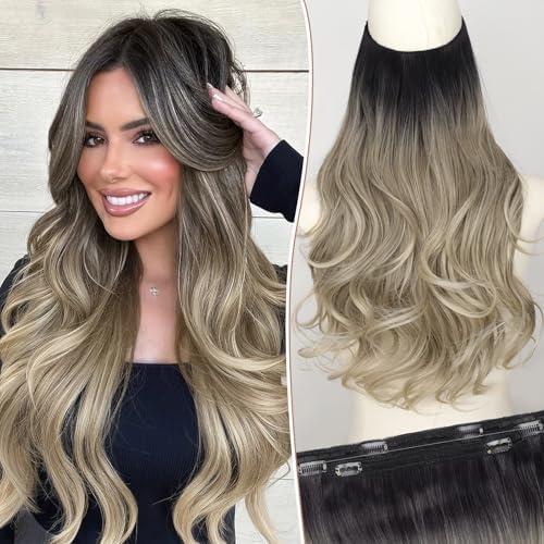 KooKaStyle Invisible Wire Hair Extensions 20"Long Wavy Layered Synthetic Clip in with Adjustable Size 6 Secure Clips Ombre Black to Ash Blonde Natural Soft Thick Hairpieces for Women 20 Inch