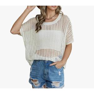 Women's Scoop Neck Crochet Hollow Sweater Casual Short Sleeve Knitted Pullover Beach Cover-up Summer Tops White M