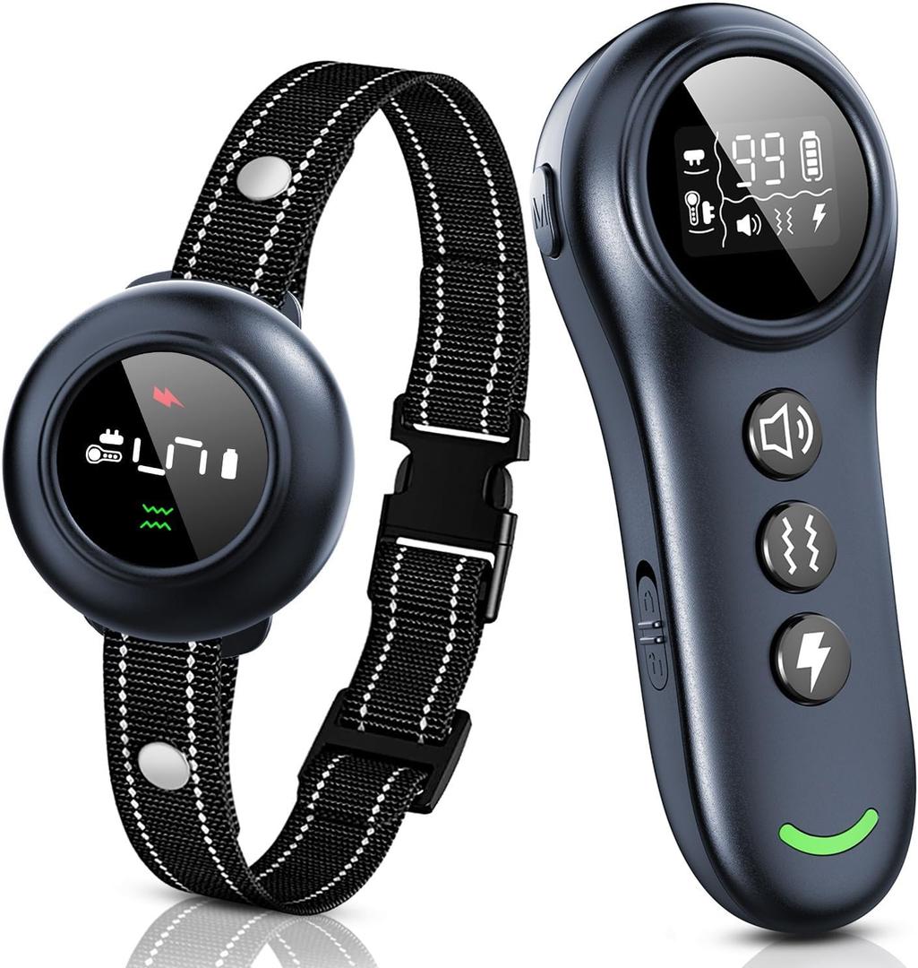 2-in-1 Dog Shock Collar & Dog Bark Collar - Smart Anti Barking Dog Training Collar with 5 Adjustable Sensitivity & 3300FT Remote for All Breeds IP67 Waterproof E-Collar (Black)