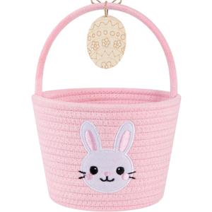 OIAHOMY Gift Basket with Handle, Personalized Baby Basket for Kids, Woven Rope Gift Empty for Toys, Baby Treasure Hunt Baskets with Wooden Card for Boys and Girls - Pink & White (7.9"D x 5.9"W x 5.9"H)