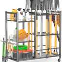Garden Tool Organizer with Lockable Wheels, Yard Tool Storage Rack for Garage, Garden Tool Stand for Rake, Brooms, Indoor & Outdoor Use