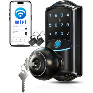 Veise VE028 Built-in Wi-Fi Smart Lock with Knob, Fingerprint Keyless Entry with Handle, App Remote & Voice Control, Electronic Digital Keypad for Front Door and Bedroom, IP65 Waterproof, Matte Black
