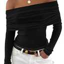 ZESICA Long Sleeve Shirts for Womens Ribbed Knit Off Shoulder Slim Fit Going Out Tops Outfits 2025 Trendy Fashion Clothes, Black, Medium