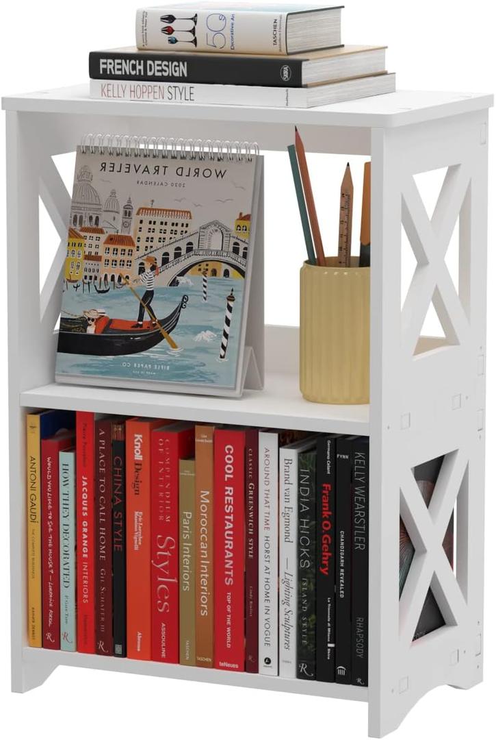 Side Table, Narrow End Table with Storage Shelf, Minimalist Bedside Tables Nightstand, Small Bookshelf Bookcase, Bathroom Shelves, Display Rack for Bedroom, Living Room, Office, White.