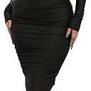 Ekaliy Women's Sexy Black Off The Shoulder Midi Dress Long Sleeve Ruched Bodycon Dresses, L/XL