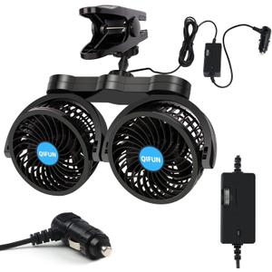 QIFUN Car Fan Adjustable Dual Head 12V 360 Rotatable 4 Inches Car Clip Fan for Front/Rear Seat Passenger Car Essentials Cooler with Stepless Speed Regulation for Vehicle SUV, RV