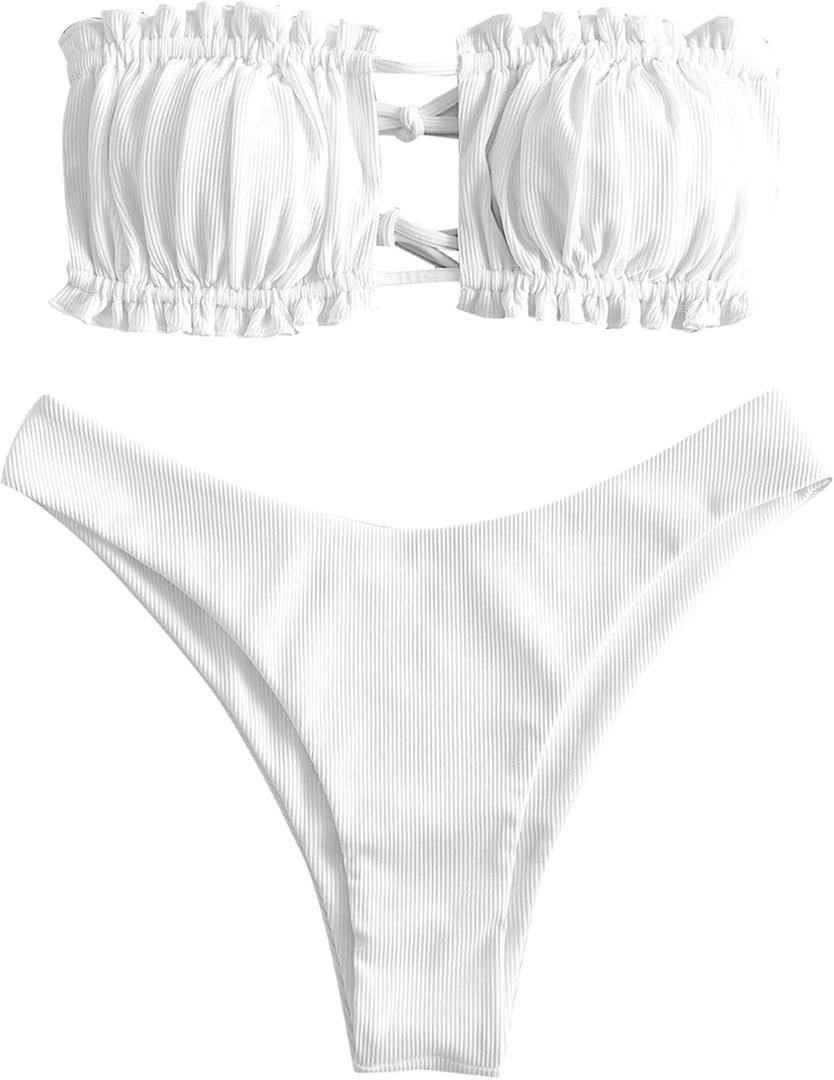 ZAFUL Women 2 Piece Strapless Bikini Swimsuits Ruffle Ribbed Self Tie Bandeau Bikini Set High Cut String Bathing Suits (Medium, 0-white)
