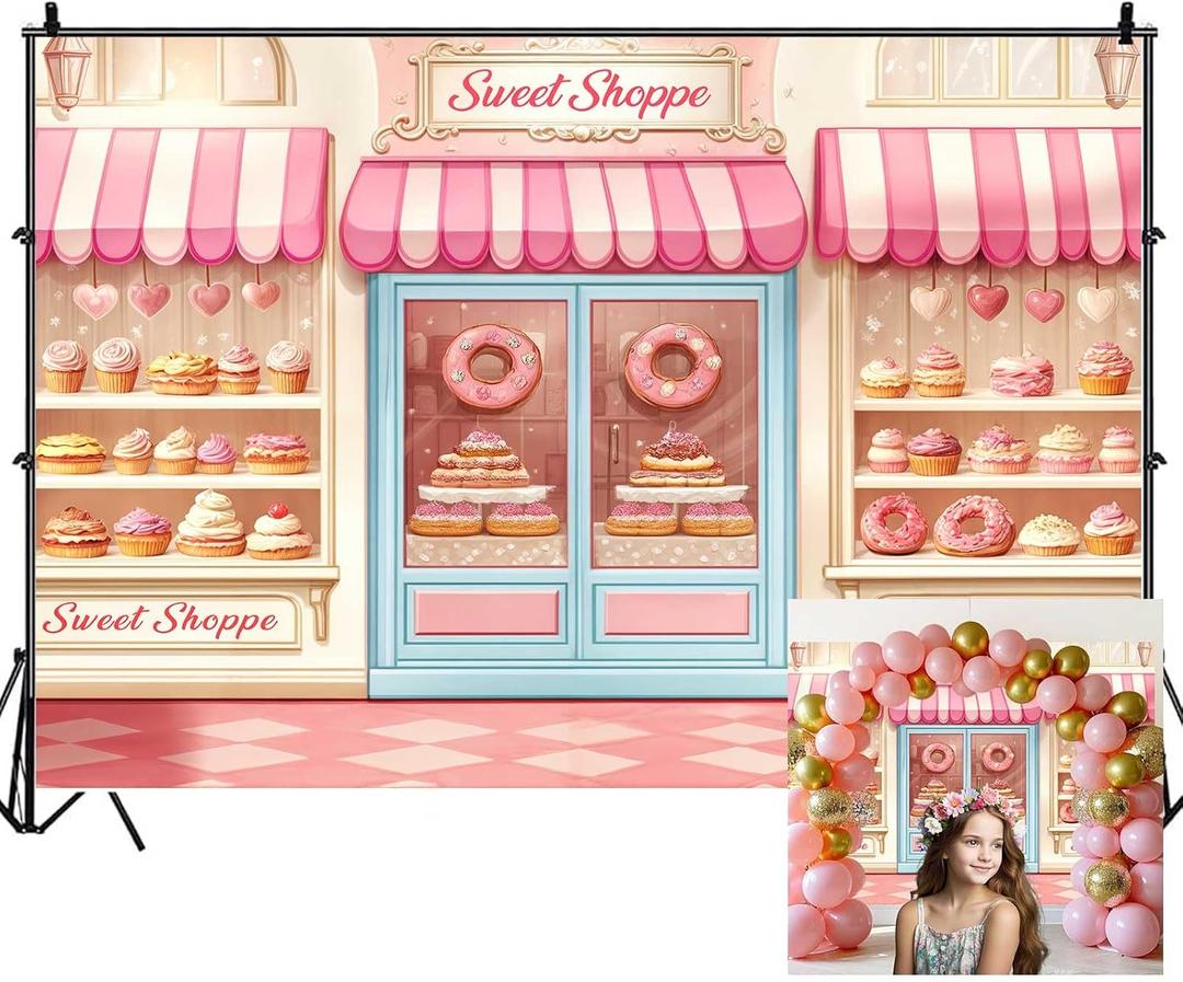 Donut Sweet Shop Backdrops for Photoshoot, Pink Bakery Girls Tea Birthday Party Picture Decorations Wall Backdrop for Photography Decor Banner, Photographic Studio Photo Backgrounds 7X5 FT
