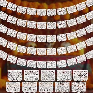Oudain 5 Pack Waterproof Felt White Papel Picado Banner, 85 ft Papel Picado Baby Shower White Mexican Banner Cielito Lindo Fiesta Wedding Birthday Dia De Los Muertos Party Decoration, 5 Patterns