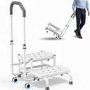 2 Step Stool with Handle & Wheels for Seniors, 400 lbs Capacity, Heavy Duty Bed Step for High Beds, Adjustable 5-Level Handrail, Non-Slip Wide Steps, Non-Skid Rubber Feet (White)