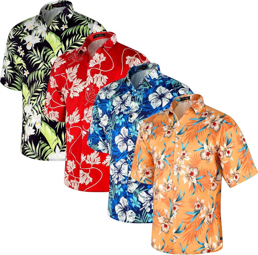 Jeyiour 4 Pcs Mens Hawaiian Shirts Unisex Summer Casual Short Sleeve Button Shirts Printed Tropical Vacation Clothing(Classic,XL)