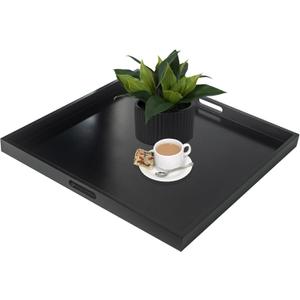 24" Square Large Ottoman Tray, Wood Serving Tray with Handle, Modern Extra Large Black Decorative Trays for Living Room Coffee Table Home