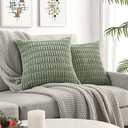 Sage Green Decorative Throw Pillow Covers 18x18 Inch, Soft Corduroy Striped Square Cushion Cases, Modern Farmhouse Boho Home Decor for Spring Couch Bed Sofa Living Room, Pack of 2 