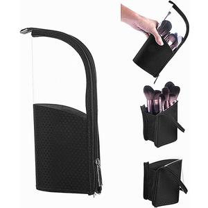 Travel Make-up Brush Holder Organizer BagClear Plastic&Oxford Cosmetic Zippered CasePortable Waterproof Stand-Up Makeup Brush Pouch, Professional Artist Small Toiletry Cup (Black)