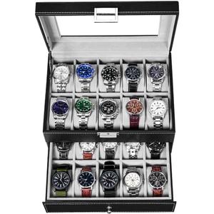 BEWISHOME Watch Case, 20-Slot Watch Box Organizer for Men Watch Case with Large Glass Lid Watch Travel Case Removable Watch Pillows, Men's Jewelry Box Watch Display Case, Watch Storage, Black SSH04B