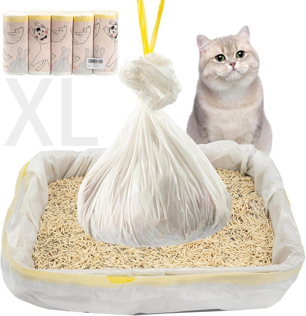 50 Count Litter Box Liners Jumbo 36" x 18" Tear Resistant Cat Litter Bags Liners 2.5MIL Thicken Drawstring Durable Cat Pan Liners Extra Large Kitty Litter Box Bag Disposable Pet litter Bags for Poop