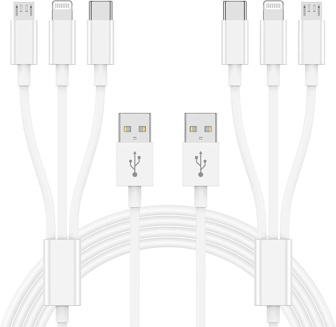 Multi Charger Cable 6Ft 2Pack, 3 in 1 Charging Cord, Universal Phone Charger, Multiple Charger Wire USB-A to Lightning/USB-Type C/Micro USB Connectors for Cellphone, Tablets and More (Charging Only) (White)
