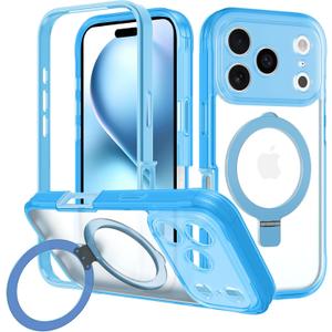 for iPhone 17 Pro Case with Magnetic Invisible Stand [Compatible with MagSafe] Military Drop Protection Shockproof Slim Translucent Skin-Touch Case Cover Light Blue