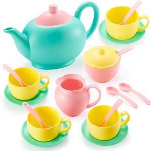 JOYIN 18PCS Pretend Role Play Tea Party Set Play Food Accessories BPA Free, Phthalates Free, Plastic Tea Set, Mini Kitchen for Kids, Gifts for Toddler Boys Girls Ages 3 4 5 6 Years Old