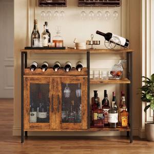 X-cosrack Wine Bar Rack Cabinet with Detachable Wine Rack, Coffee Bar Cabinet with Glass Holder, Small Sideboard and Buffet Cabinet with Mesh Door, Rustic Brown, Large, 37.8"*13.4"*31.1"