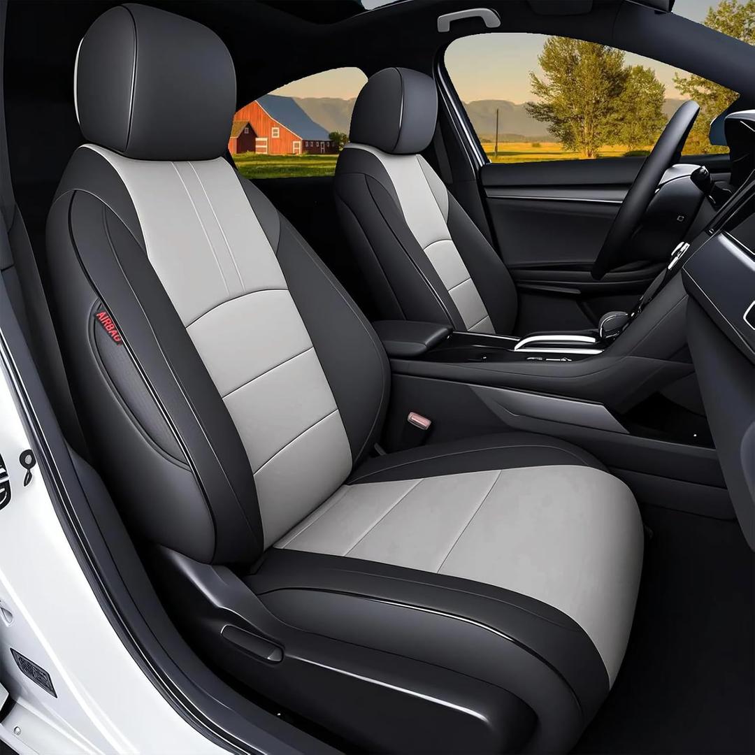 HKZ Custom Fit Civic Seat Covers for Honda Civic 2016 2017 2018 2019 2020 2021 Hatchback EX,Sport Touring,EX-L - 5-Seats Leather Full Set,Black+Grey