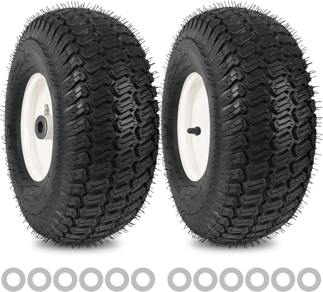 15x6.00-6nhs Lawn Mower Front Tire 4 Ply Tubeless 15x6x6 Lawn Mower 570 Lbs Tire and Wheel with 3/4" Bushing and 12 Spacers, Replacement for Garden Lawn Tractor Riding Lawn Mower, 2 Pack